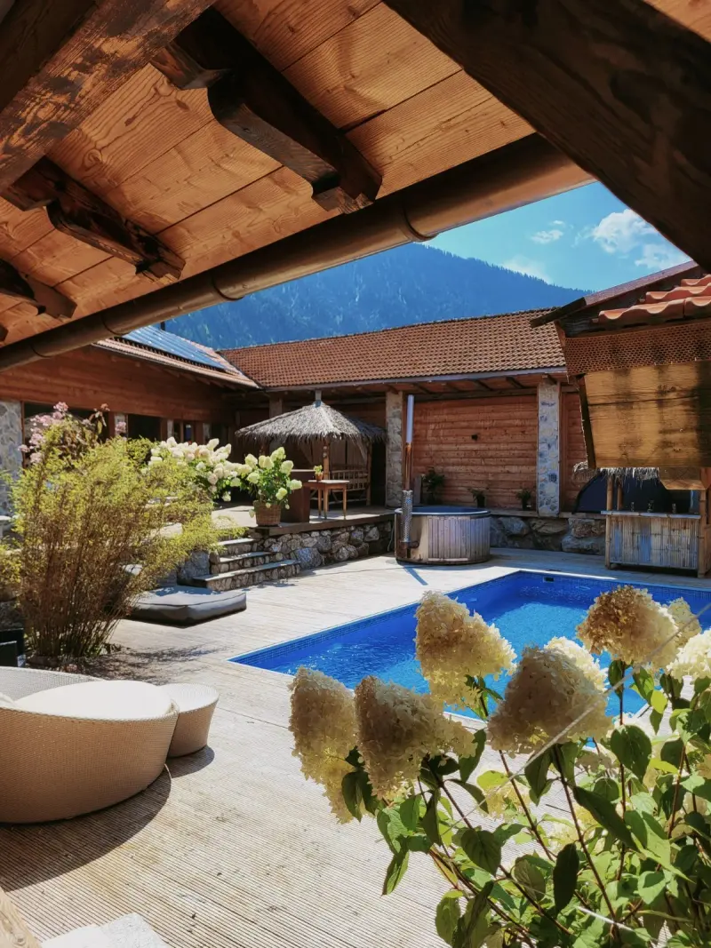 Privater Pool der Alpenlounge vor Bergkulisse